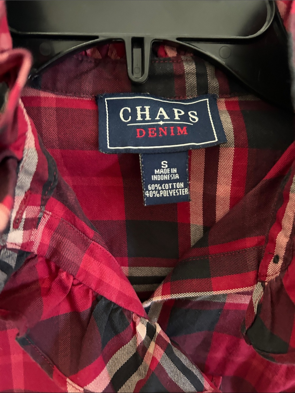 Chaps Red Black Plaid Ruffle-Front Button Down Top S - Picture 2 of 4